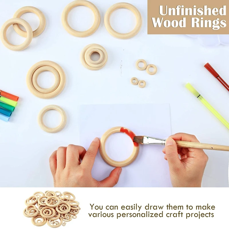 100Pcs Natural Wood Rings Set, Unfinished Macrame Wooden Ring, Wood Circles For DIY Craft, Ring Pendant Jewelry Making