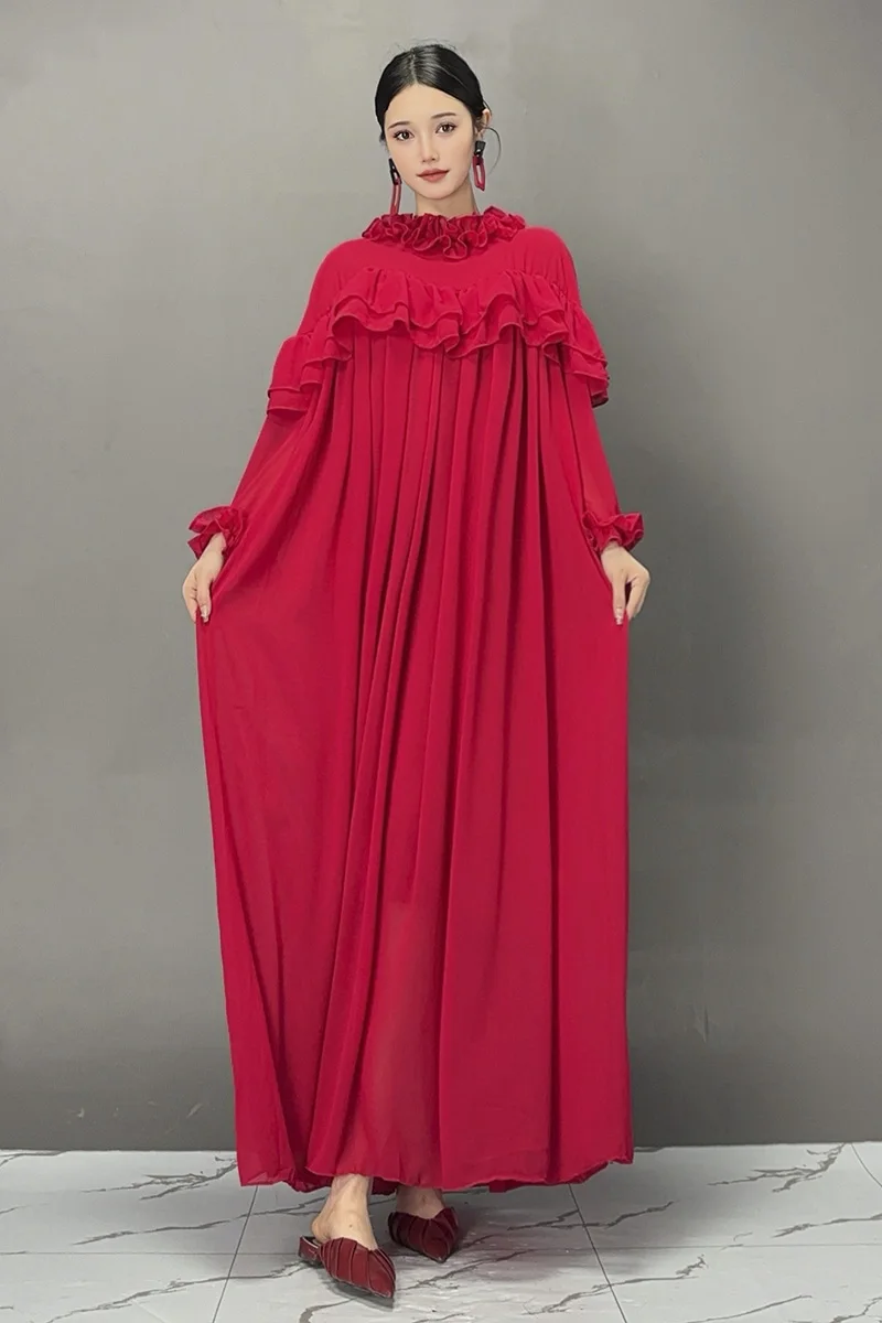 2024 Autumn New Elegant Red Folds Loose Long Dresses Women Casual Long Sleeve Dress Female Wholesale J378