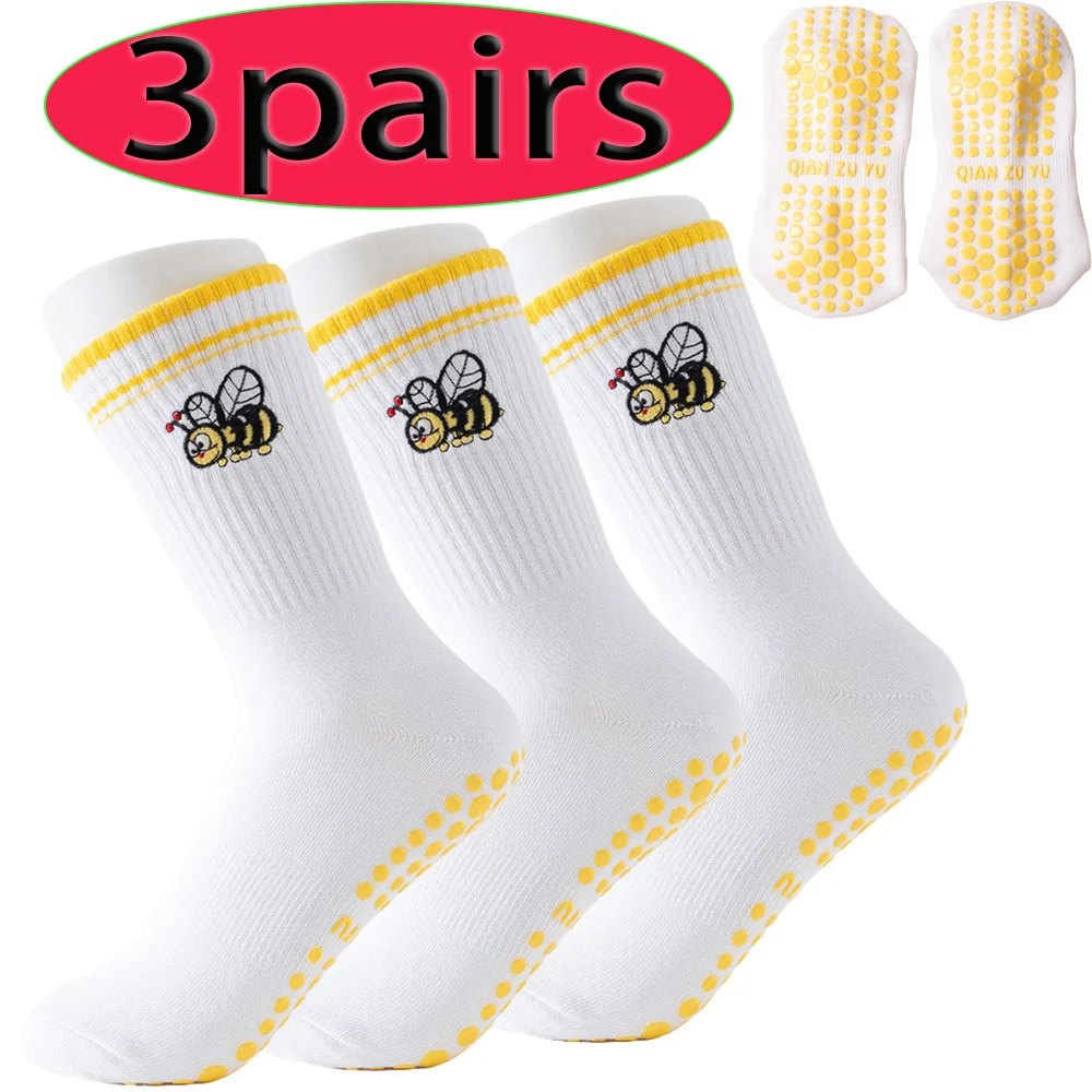 

3-пары носков средней длины с вышивкой и силиконовыми противоскользящими носками медных пчел, профессиональные спортивные носки для йоги, бега, фитнеса, пилатеса