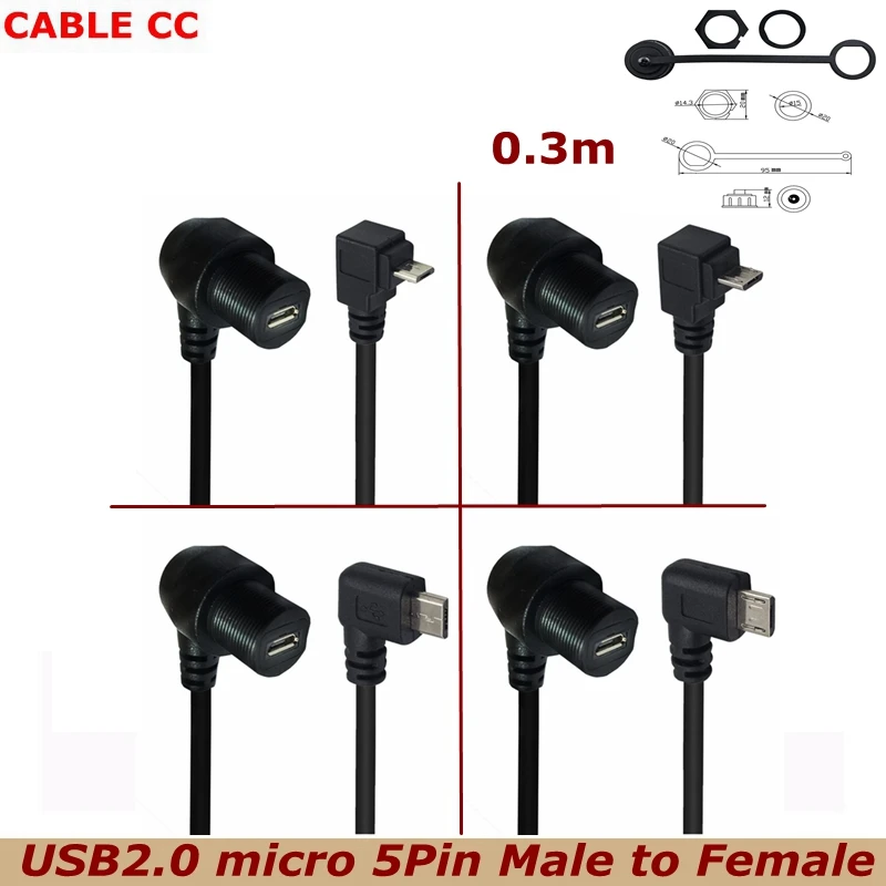 

30cm 90 Degree Micro-USB 2.0 5 Pin IP67 Male to Female Vehicle Boat Dashboard Panel Mount Waterproof Extension Cable Adapter