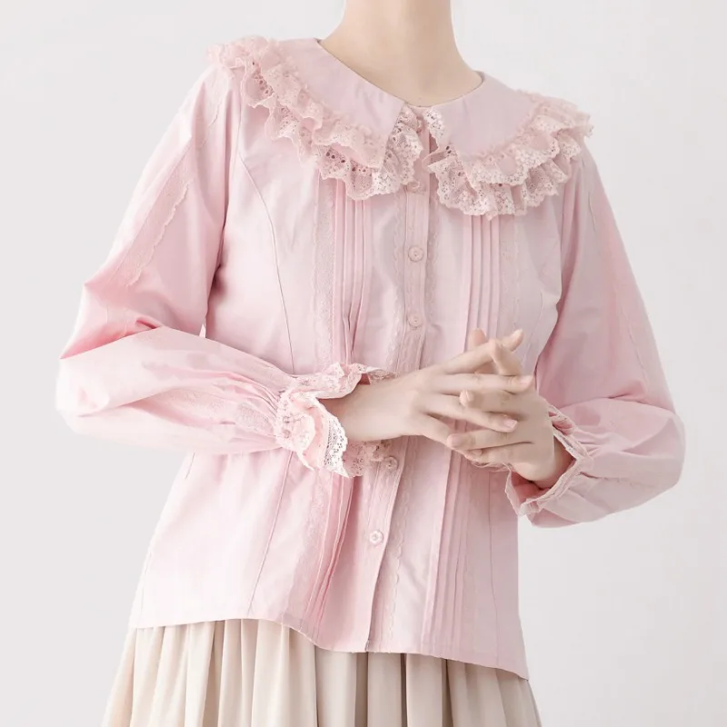 Japanese Vintage Elegant Lolita Blouses Women Kawaii Lace Ruffles Square Collar Puff Long Sleeves Shirts Sweet Tops Blusas Mujer