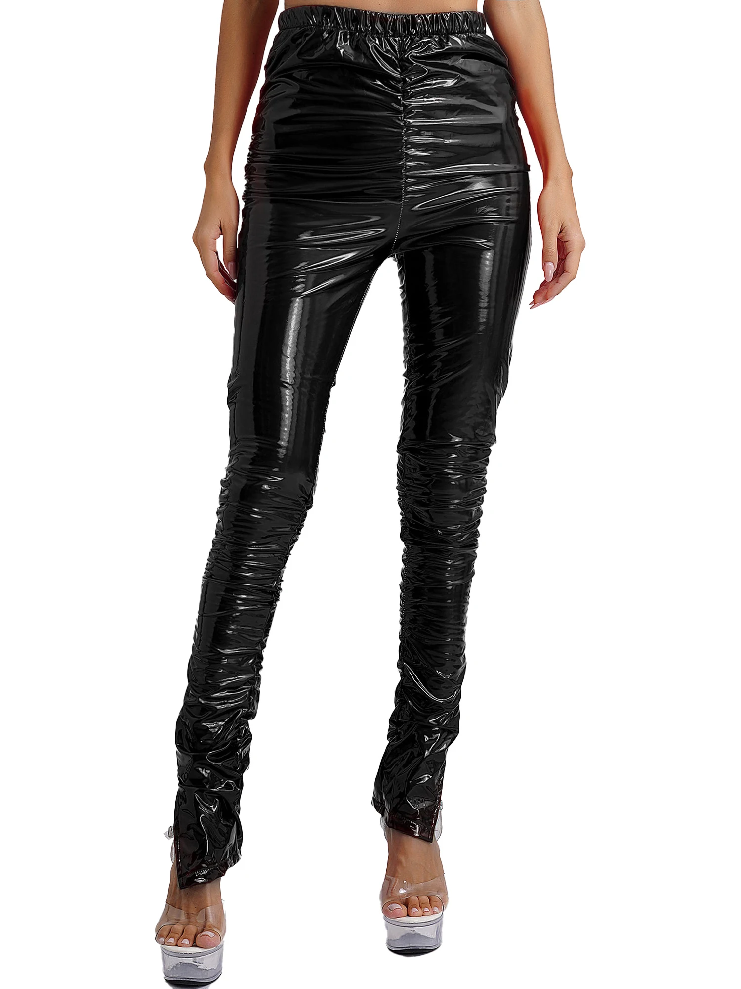 Womens Glossy PU Leather High Waist Long Pants Stacked Ruched Split Cuffs Tights Lining Leggings Nightclub Pole Dancing Costumes