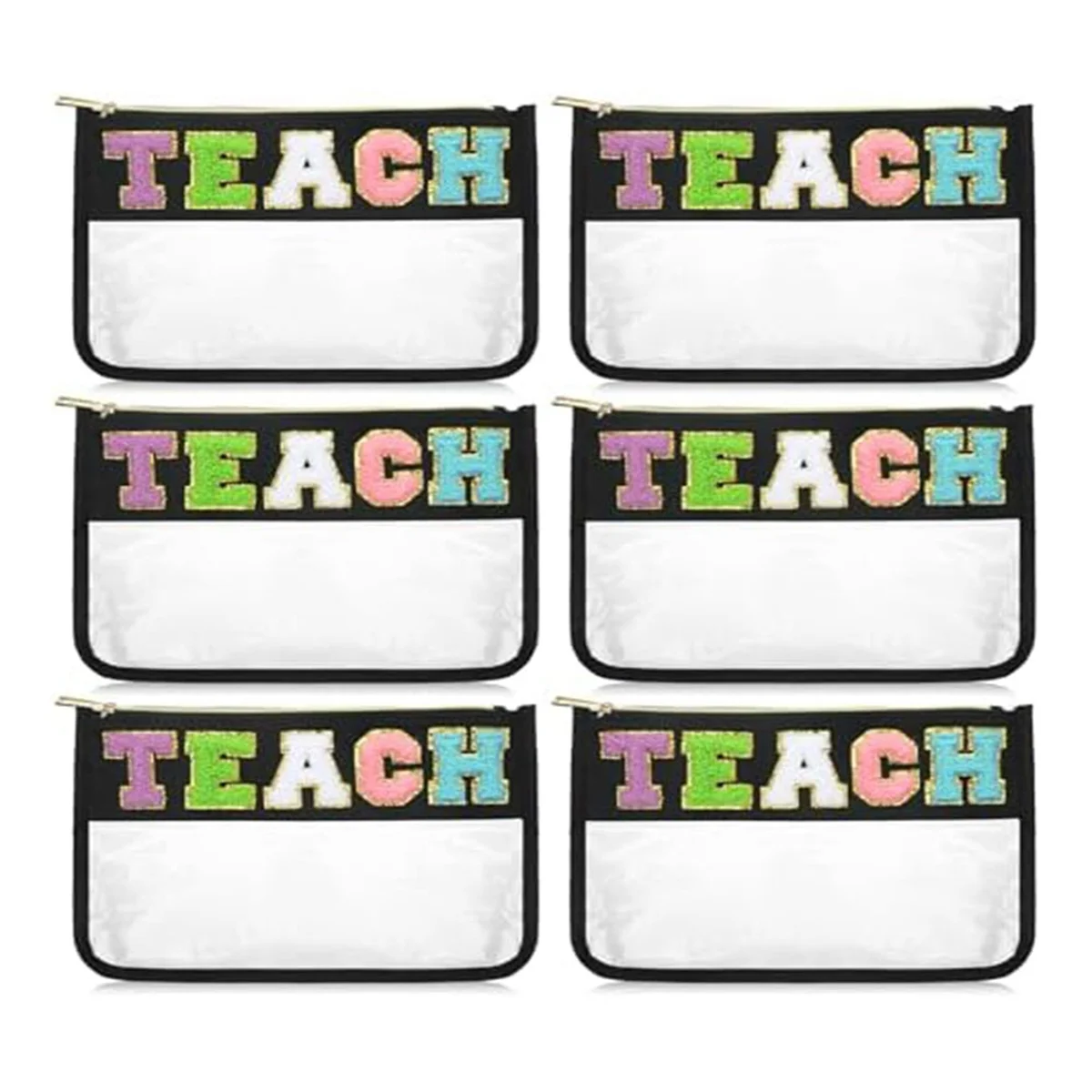 6 Pcs Chenille Letter Bag Bulk Teacher Appreciation Gifts Preppy Patch Makeup Bag Flat Clear Pouch Teacher Must Haves