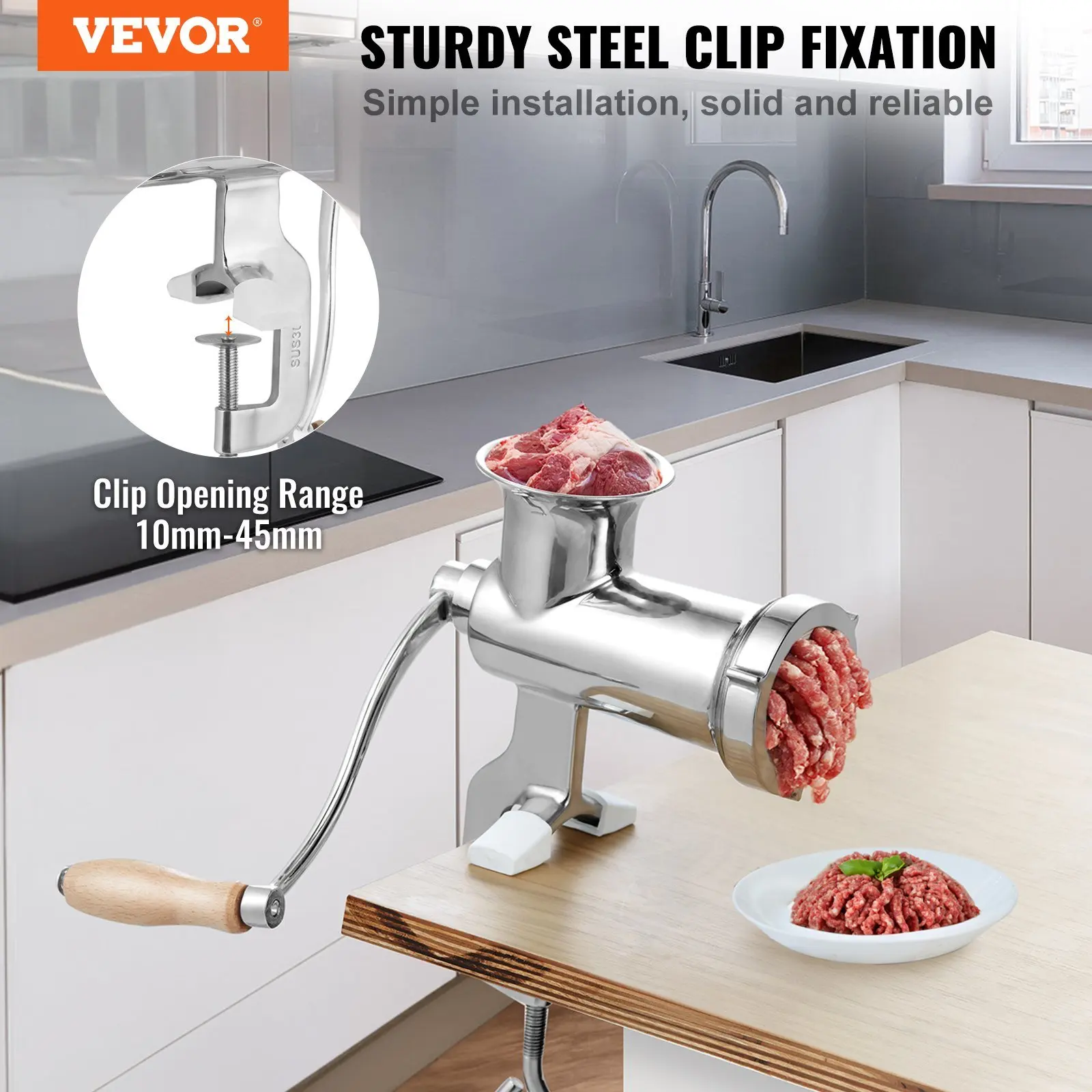 Manual Meat Grinder, All Parts Stainless Steel, Hand Operated Meat Grinding Machine with Tabletop Clamp, 2 Grinding Plates