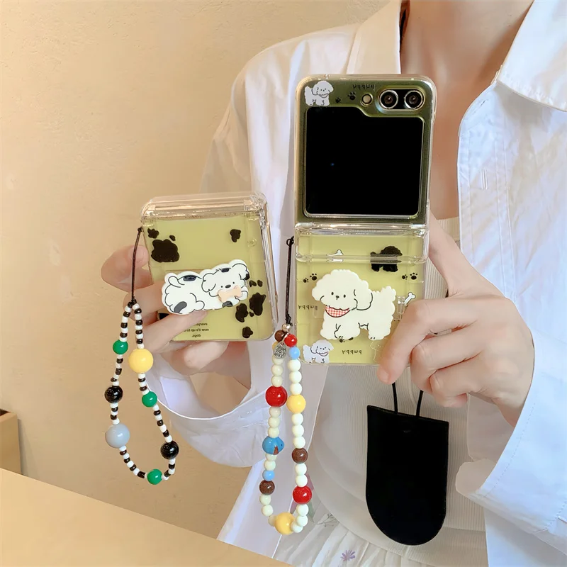 Cute Cartoon Dog Bracelet Phone Case For Samsung Galaxy Z Flip 3 4 5 6 Z Flip6 ZFlip6 Insert Cards Clear Shockproof Cover