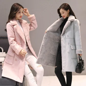 Image Women Lamb Fur Coat Korean Winter Add Velvet Imitation Fleece Coats Medium Long With Integrated Fur Leather Collar Cotton Jacket