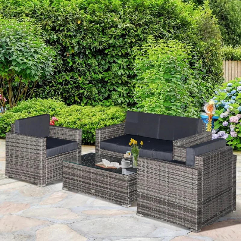 

4-Piece Black Wicker Patio Set, Sectional Sofa/ 2 Sofas, Loveseat & Glass Coffee Table, Fade-Resistant Outdoor Conversation