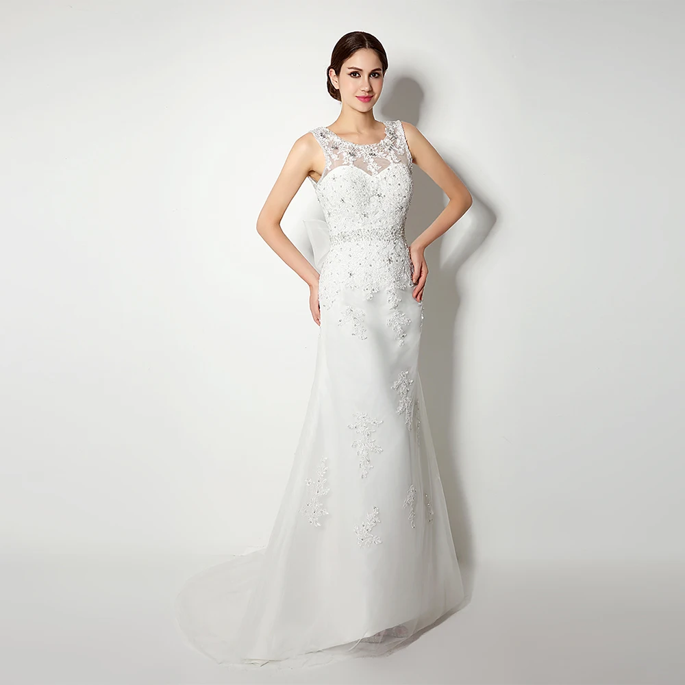 Customized Floor Length O-neck Sleeveless Beaded Court Train Vestidos Elegantes Para Mujer Para Una Boda Robe De Soirée Femme