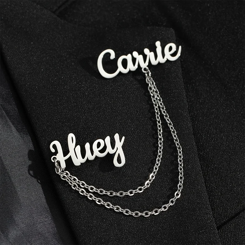 Custom Name Chain Brooch Personalized Stainless Steel Name Badge Special Elegant Men's Brooch Suit Pin Jewelry Personalized Gift