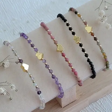 1 unidad de cuentas de amatista de piedra Natural hechas a mano de 3MM con pulseras elásticas de corazón para mujer, regalo de joyería