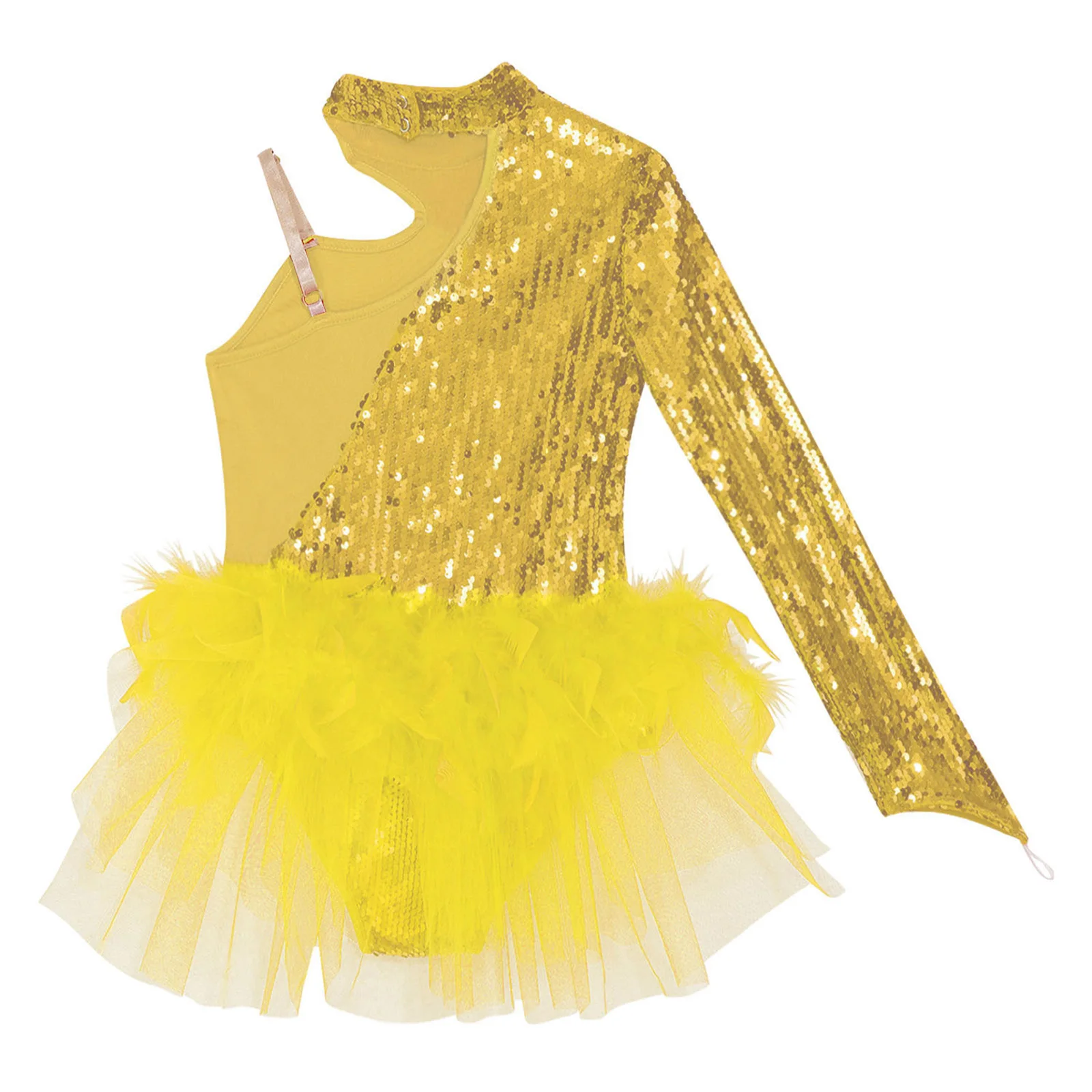 Fantasia de Dança Jazz para Meninas com Lantejoulas Brilhantes e Plumas, Vestido de Ginástica e Patinação Artística com Saia Tutu