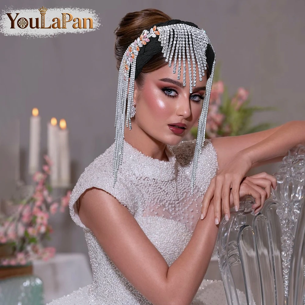 YouLaPan Luxury Rhinestone Tassel Bride Headband Black Color Wide Hairband Women Evening Party Prom Hair Accessories A340