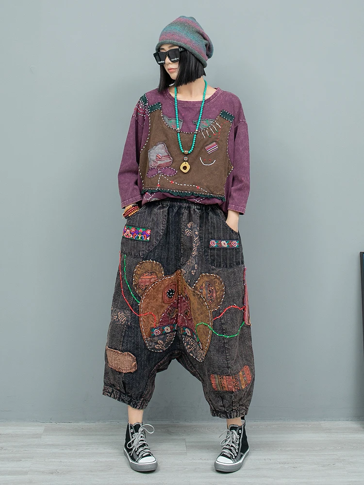 Heavy Industry Hand Embroidered Pant Set Long Sleeve T-shirt + Old Cloth Big Crotch Pants Two Piece Set Women Autumn LX2519