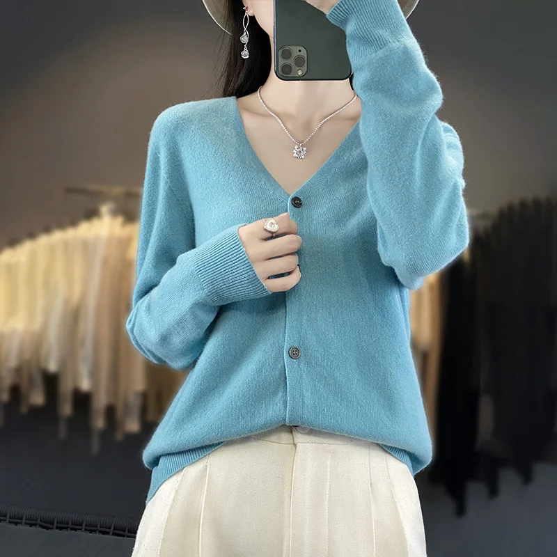 ฤดูใบไม้ร่วงฤดูหนาว 100 Merino ขนสัตว์เสื้อกันหนาว Elegant CASHMERE Pullover ผู้หญิง V คอยาวแขนยาวเสื้อถัก Basic เสื้อผ้าเสื้อจัมเปอร์