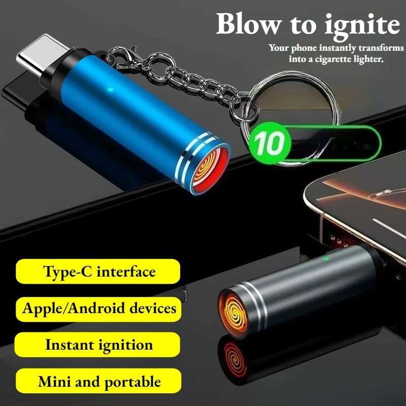 Mini Type-C USB Phone Adapter Lighter, Air Blowing Flameless Igniter, Windproof Rechargeable Lighter with Keychain for Outdoor