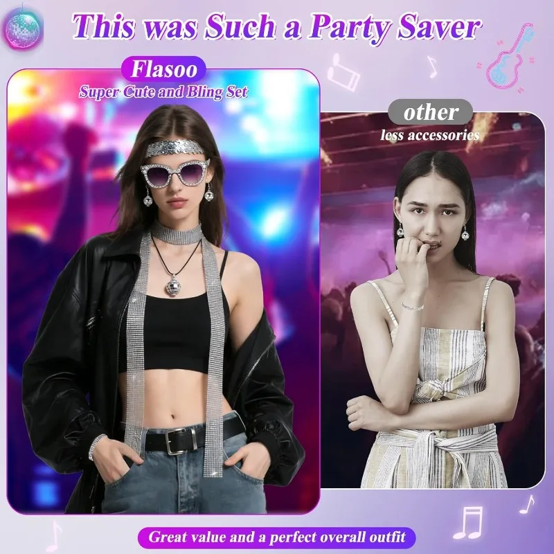 8 Pcs 70s Women Disco Accessories for Party,Jewelry With Sequin Scarf Diamond Headband Bracelet Glasses Necklace Earrings