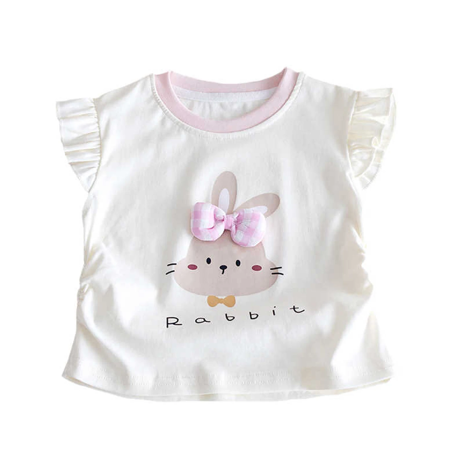 الصيف الفتيات القطن تي شيرت الكرتون الأرنب المطبوعة جولة الرقبة قصيرة الأكمام أعلى طفل الفتيات الحلو القوس فضفاض تي شيرت #5