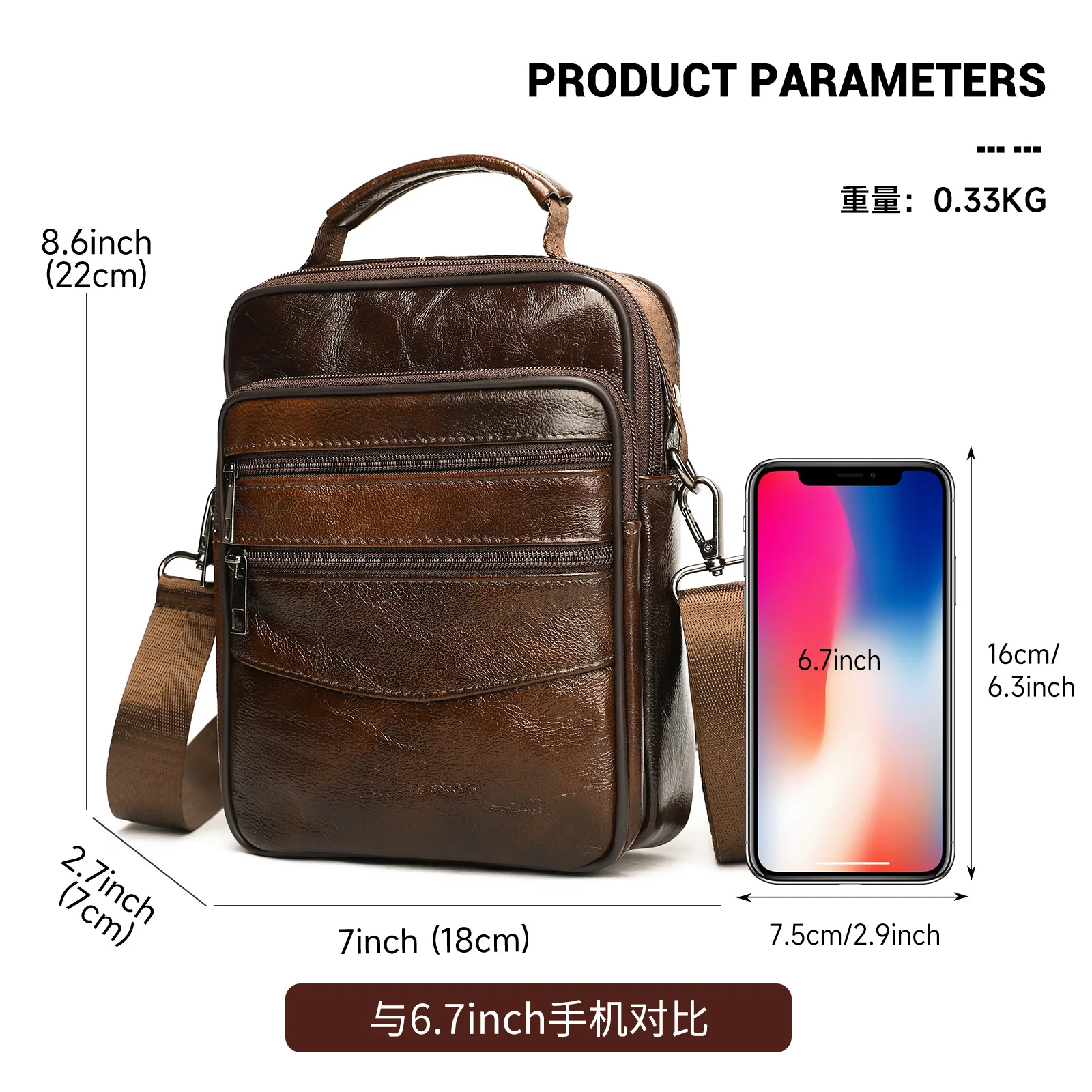 Men Genuine Leather Crossbody Bag Top Handle Multi Zipper Shoulder Handbag Adjustable Strap Casual Travel Business Purse