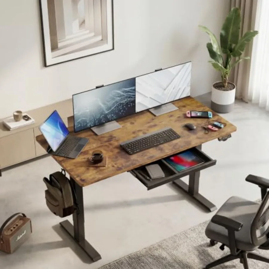 Electric Height Adjustable Standing Desk with Drawers, 63 x 24 Inch Sit Stand Desk for Home Office, Computer Desk Workstation