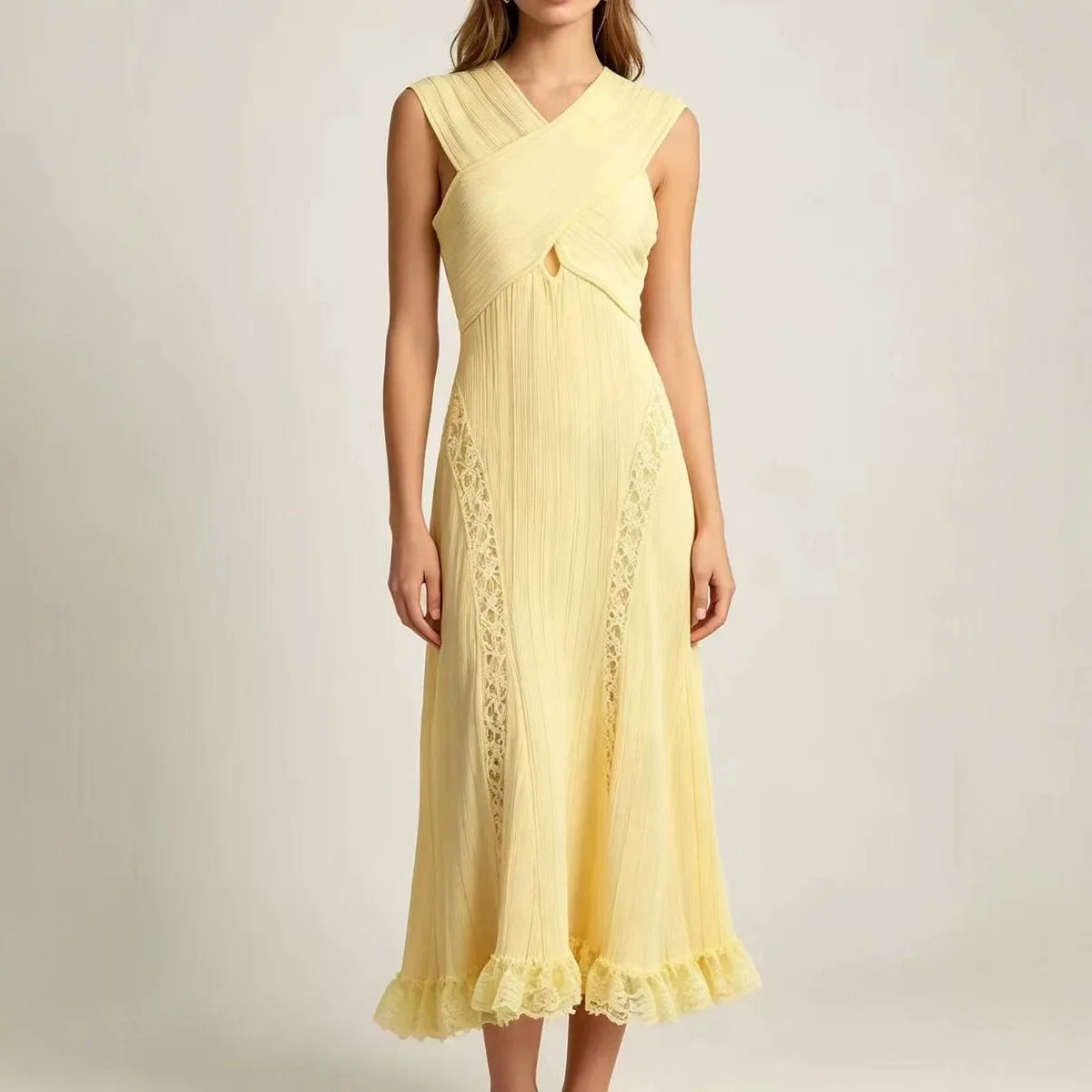 

Elegant Solid Knitted Dresses Lace Splice Hollow Out Cross Collar Sleeveless Slim Long Dress Formal Occasions Fish-Tail Gowns