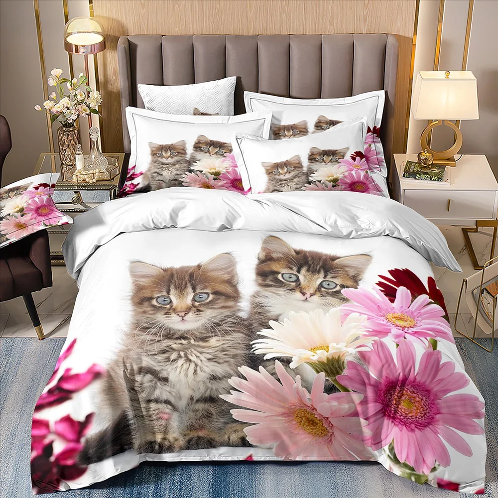 Cute Cat Animals Comforter Cover Bedding Set,Duvet Cover Bed Set Quilt Cover Pillowcase,King Bedding Set for Christmas Gift