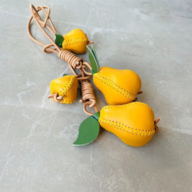 Cute Fruit Design Genuine Leather Bag Pendant Red Apple Car Keychain Pendant Pear Persimmon Niche Keychain Pendant Gift For Girl