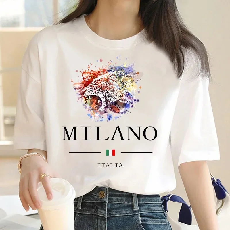 Y2k Short Sleeves T-shirt MILANO Leopard Women's Round Neck Cotton T-Shirts Carnival Christmas Holiday Luxury Brand TShirt Top