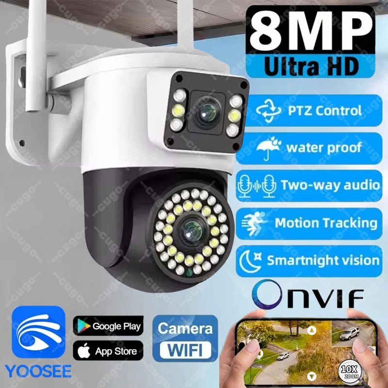 Yoosee 8MP WIFI IP Camera PTZ Dual Lens Dual Screen Auto Detection Full Color Night Vision Outdoor Security Surveillance Cameras