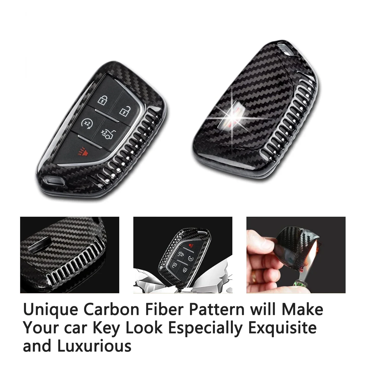 Real Carbon Fiber Key Fob Case Cover Shell Protector With Keychain For Cadillac Escalade CT4 V Cadillac CT5 Sport (BLACK))