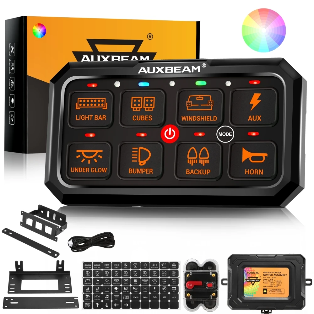 AUXBEAM RA80 XL 8Gangs Switch Panel RGB Universal LED Electronic DIY On-Off Power Relay System TOGGLE/ MOMENTARY/ PULSED MODE
