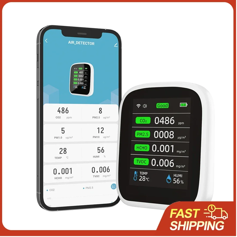 Tuya WiFi 8-in-1 Luftqualitätsmonitor PM2.5 CO2 HCHO TVOC Temperatur- und Feuchtigkeitssensor mit LCD-Farbdisplay für Zuhause, Büro und Pflanzen