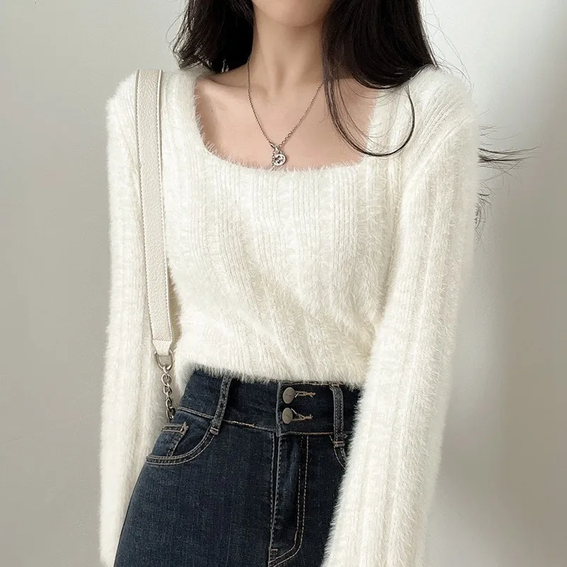 Cropped Pullovers Women Slim Knitted Sexy Gentle Inner Autumn Winter Sweater Chic Square Collar Females Soft All-match Ulzzang