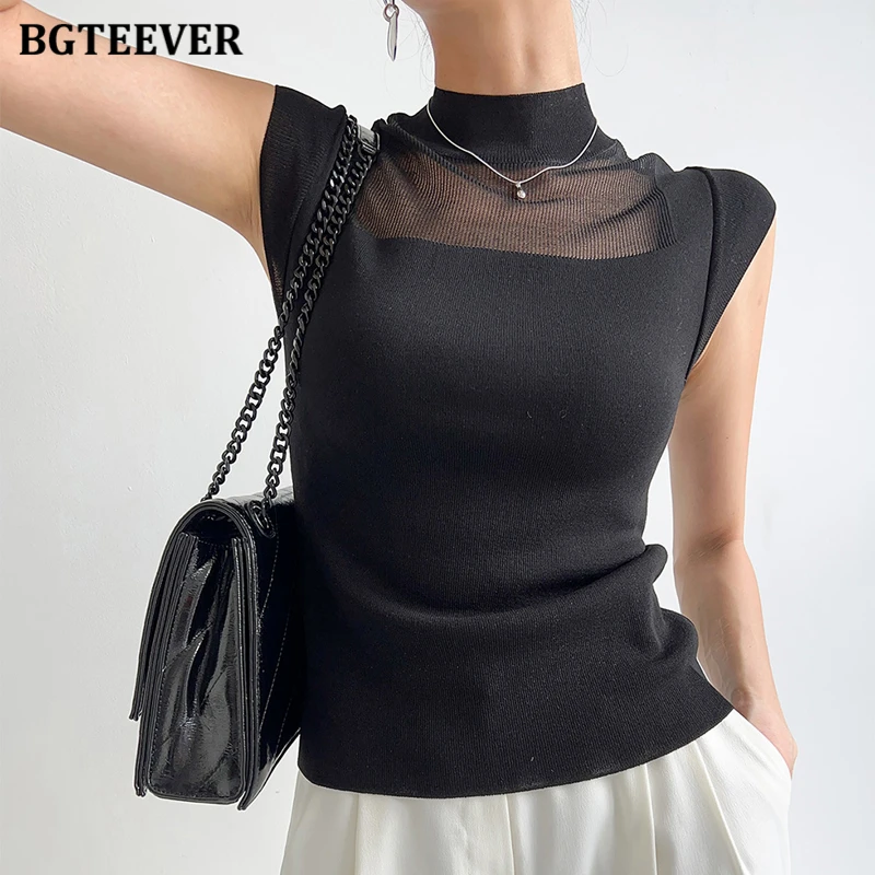 BGTEEVER Elegant Half High Collar Ladies T-shirts Summer Female Skinny Knitted Tops Women Cotton Tees