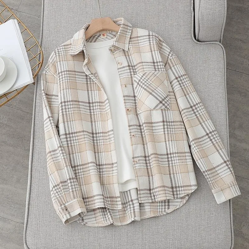 2023 New Fashion Corduroy Shirt Women\'s Autumn Overcoat Oversized Shirt Brown Top Plaid Shirt Overalls Blouse Woman Tops