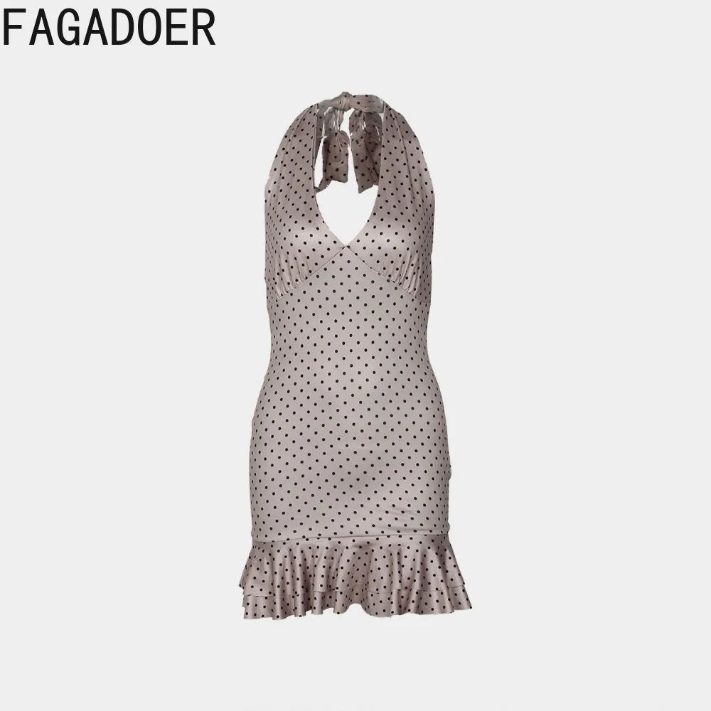 FAGADOER เซ็กซี่ลายจุดพิมพ์บอดี้คอนมินิเดรสผู้หญิงเชือกแขวนคอหลังเปลือยรัฟเฟิลชุดเดรสหญิงสตรีทแวร์เดรส