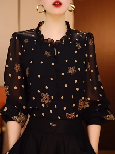 Imagen 2 del producto Blusa Floral fina de manga larga para mujer, Top negro con cuello en V francés, nueva moda