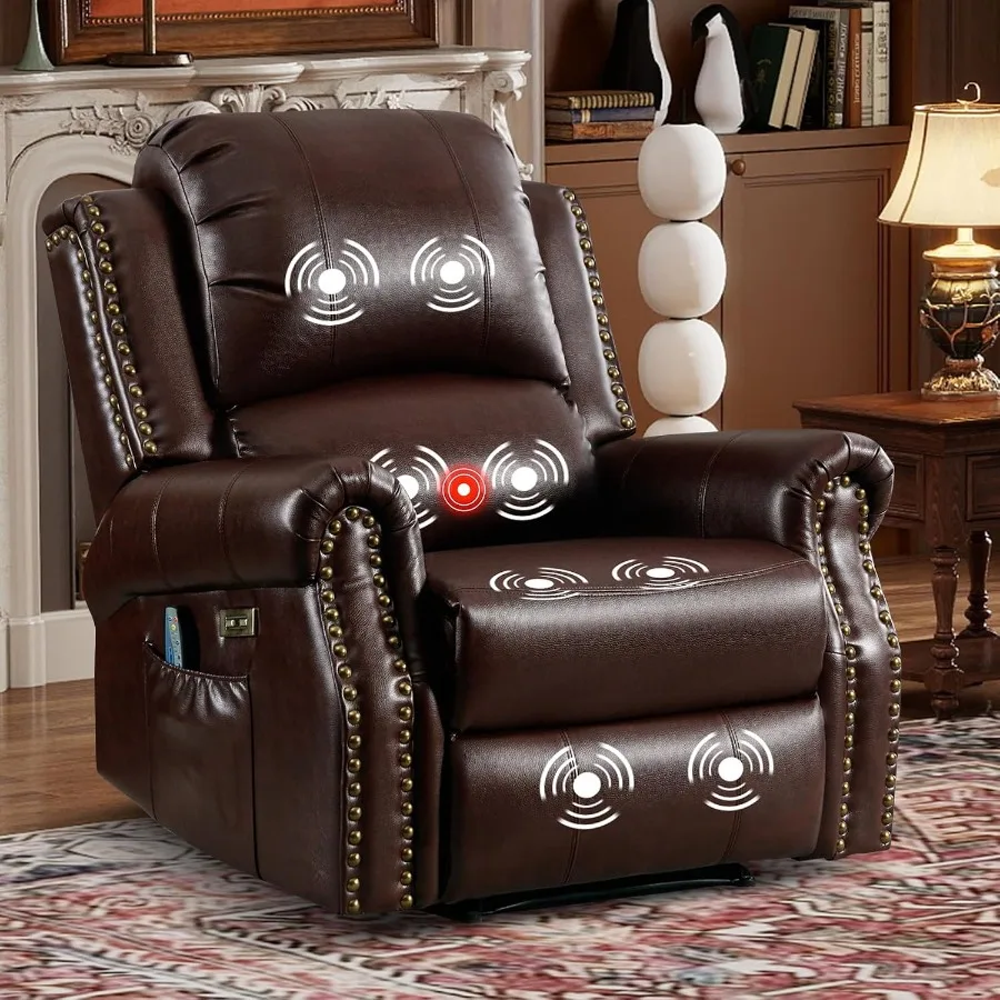 Power Recliner Chair for Living Room Use, Faux Leather, Red Brown, with Massage and Heat, Overstuffed Backrest and Side Pocket