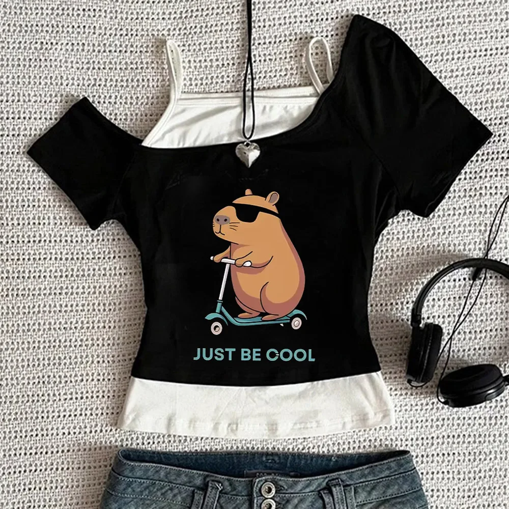 Capybara crop top girl vintage japanese party kawaii streetwear t shirt gothic y2k manga harajuku