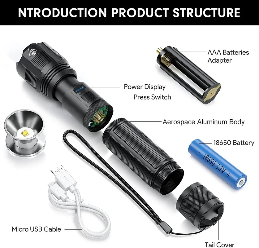 Powerful LED Flashlight 5 Modes Rechargeable Flashlights Super Bright Zoom Torch Outdoor Tactical Flashlight Waterproof Lamp