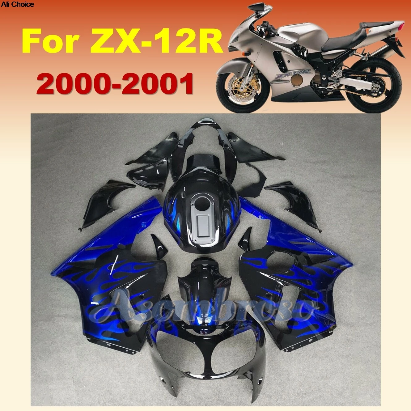 

Blue Flame Bodywork Set ﻿For Ninja ZX-12R 2000 2001 ZX12R Motorcycle Full Fairing kit