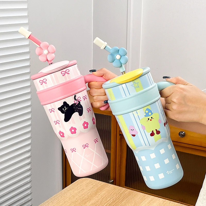 

Стакан на 40 унций с ручкой и соломенной крышкой, герметичная дорожная кофейная кружка, изолированная чашка из нержавеющей стали для напитков, не содержит BPA