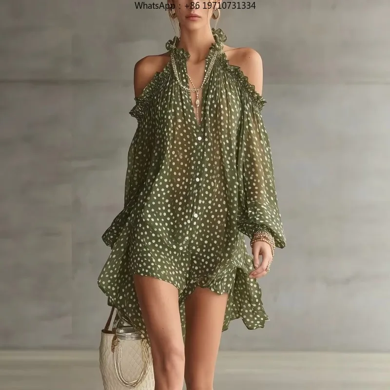 Women Halter Cold Shoulder Polka Dot Mini Dress Long Sleeve Loose Fit Party Cocktail Dress