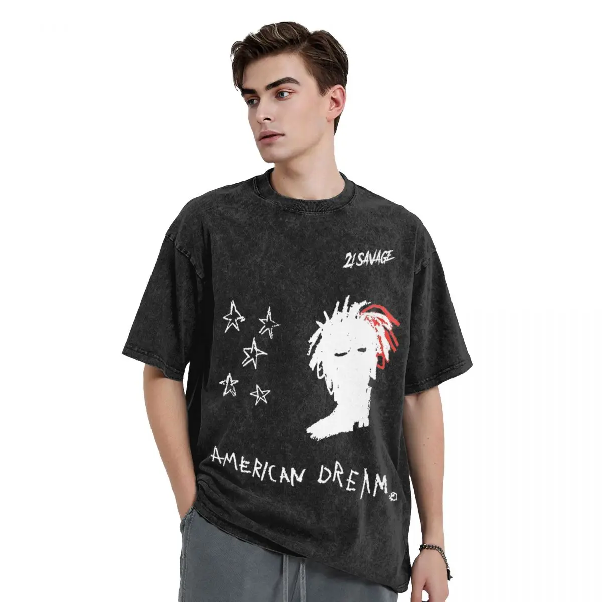 Washed T Shirts 21 Savage American Dream Hip Hop Casual T-Shirt Harajuku Streetwear Printed Tops Tee Shirt for Men Women