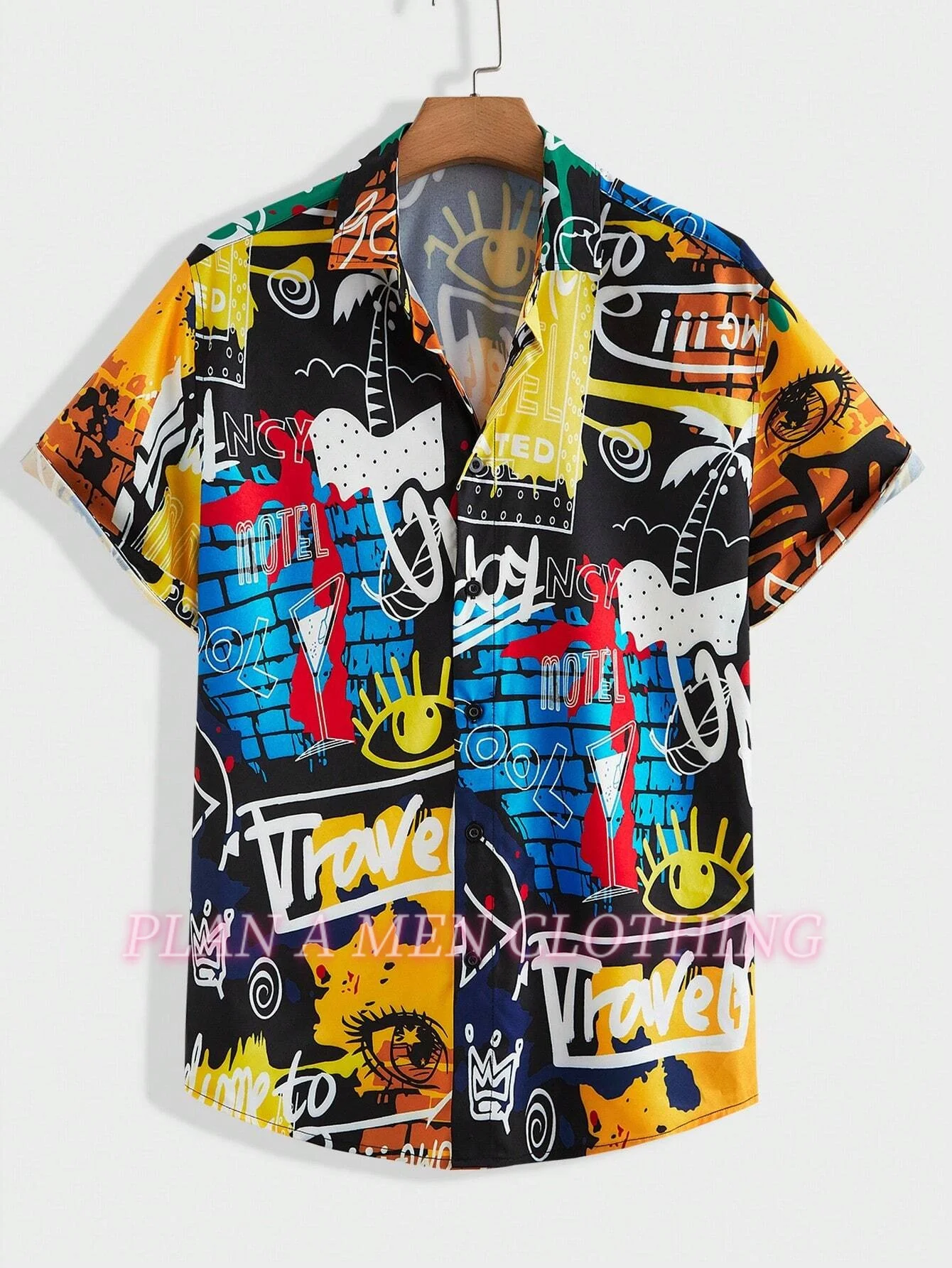 

Manga graffiti printing Men Shirt Short Sleeve Blouse Button daily all-match shirt men Clothes Party Social Dress tops