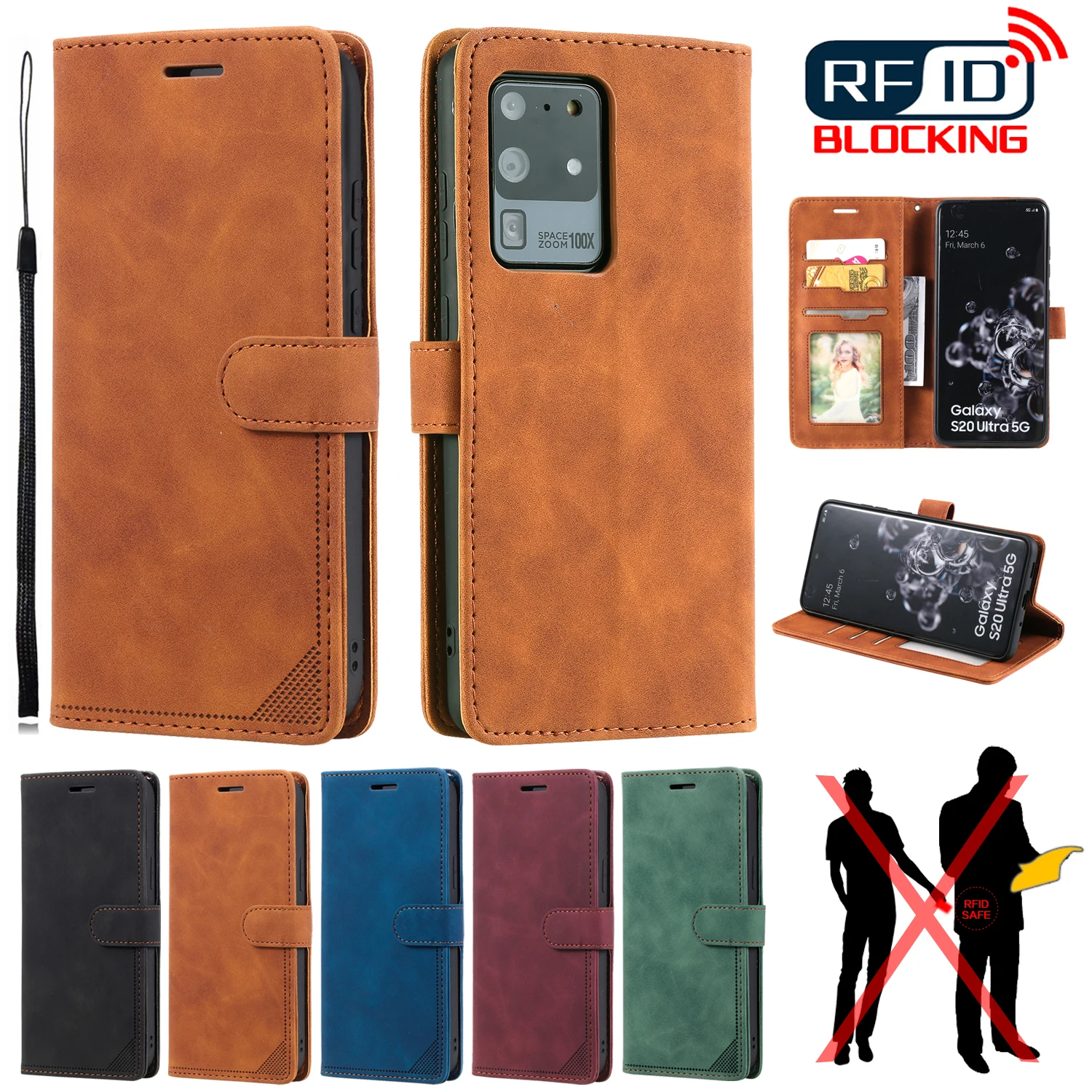 Leather RFID Blocking Flip Case For Galaxy S23 Plus S23Ultra S20 FE S21FE F52 5G X Cover 5 Protect Stand Card Slots