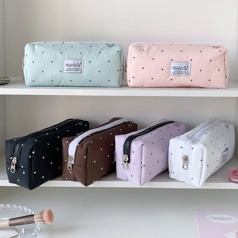 Korean Girly Polka Dot Pencil Case Solid Color Pen Bag Cute Stationery Storage Pouch for School Makeup Bag Toiletry Organizer