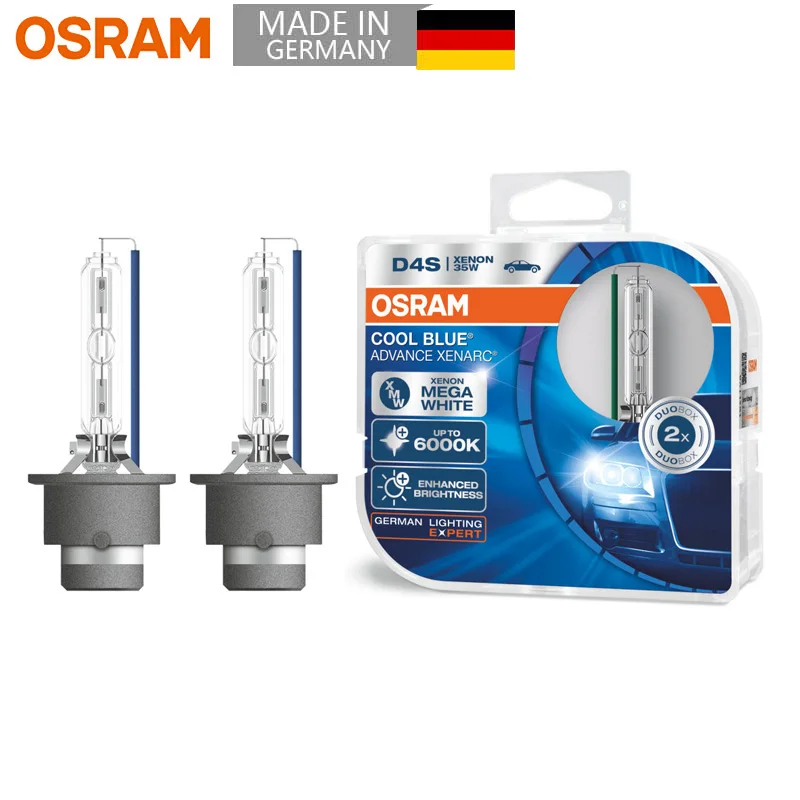 Bombillas de Xenón OSRAM D4S 12V 35W HCB Xenon HID Cool Blue Advance Alta/Baja 6000K Mega White para Auto, Par de Lámparas Originales para Faros Delanteros