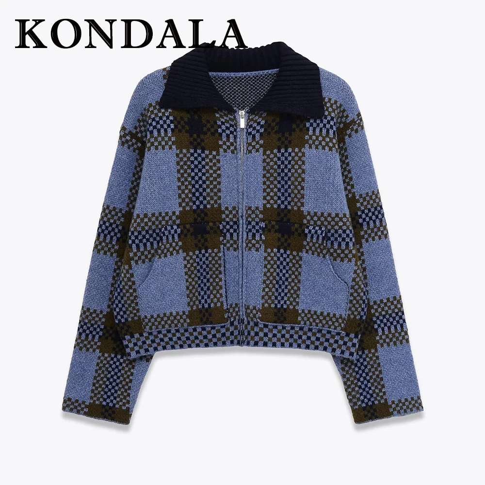 KONDALA Chic 2025 Plaid Blue Women Winter Casual Knitted Outwear Elegant Long Pockets Vintage Fashion Female Elegant Sweater
