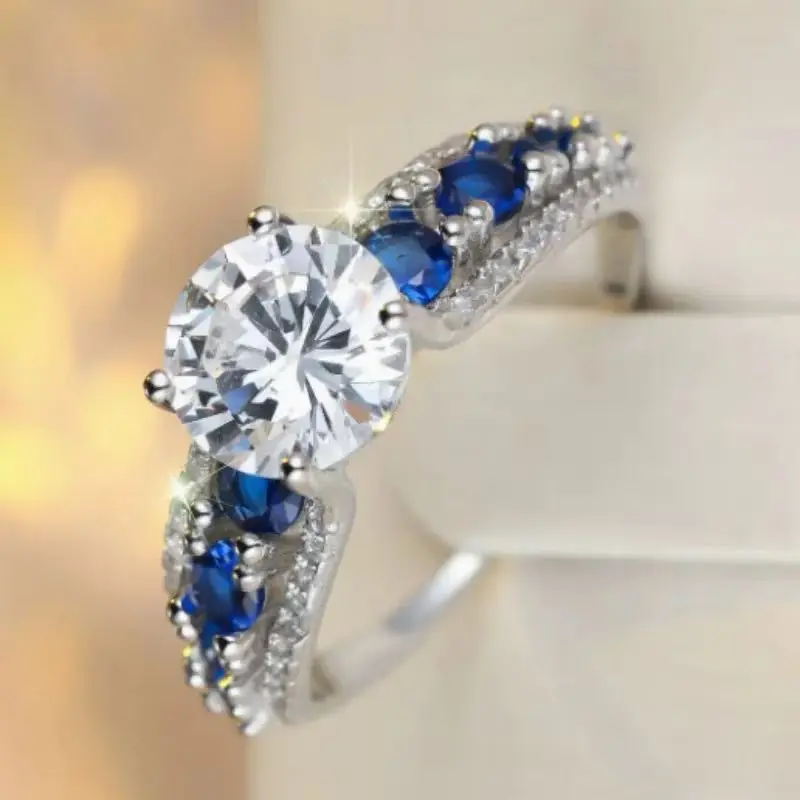 Blue/White round CZ Novel Design Wedding Ring for Women Trendy Party Jewelry Temperament Female Gift Special-interest Accessory