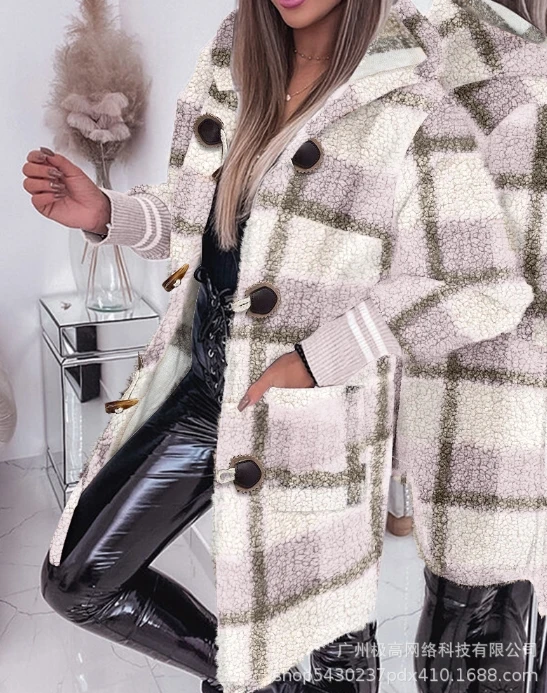 

Winter Coat for Women Warm Long Plaid Print Horn Toggle Button Pocket Hooded Longline Open Front Jacket Casual Teddy Coat